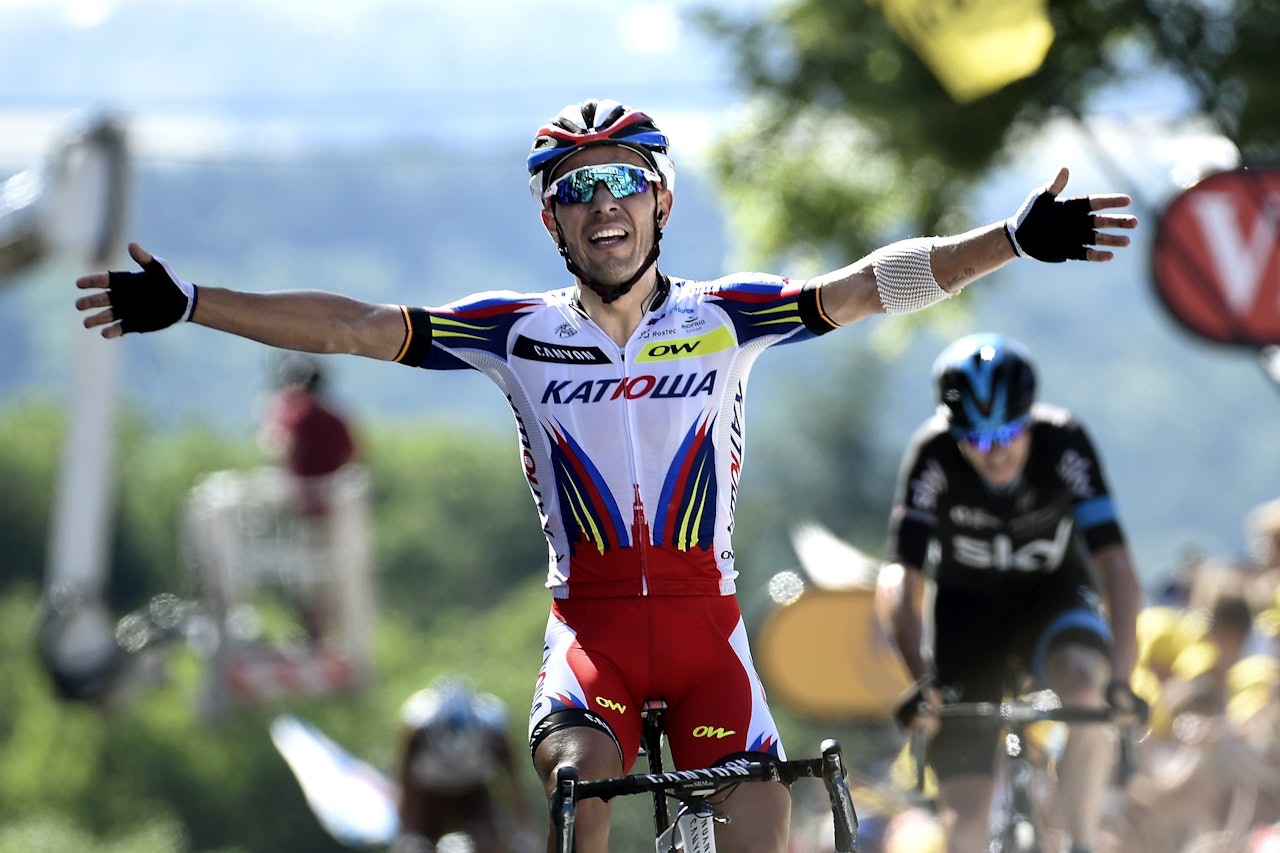 DAGENS MANN: Joaquim Rodriguez vant på Mur de Huy, slik han har gjort det i Fléche Wallone tidligere. Foto: Cor Vos. DAGENS MANN: Joaquim Rodriguez vant på Mur de Huy, slik han har gjort det i Fléche Wallone tidligere. Foto: Cor Vos.