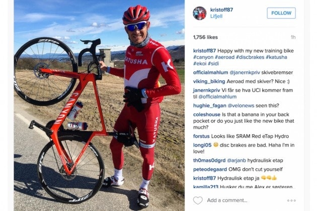 INSTAGRAM-GLIPP: Alexander Kristoff delte dette bildet av en ny Canyon Aeroad SLX med skivebremser og hydraulisk SRAM eTap på Instagram i dag, men bildet ble raskt slett. Foto: Skjermdump Instagram/kristoff87 INSTAGRAM-GLIPP: Alexander Kristoff delte dette bildet av en ny Canyon Aeroad SLX med skivebremser og hydraulisk SRAM eTap på Instagram i dag, men bildet ble raskt slett. Foto: Skjermdump Instagram/kristoff87