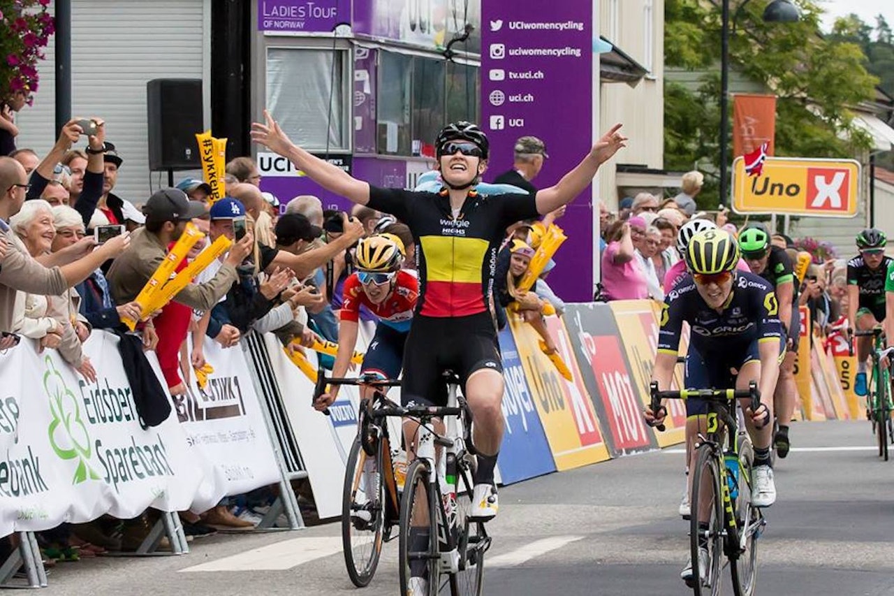 SEIER: Jolien D’Hoore, Wiggle High5, vant første etappe i Ladies Tour of Norway og overtar sammenlagtledelsen. Foto: Tor Buckholm/Eventfotografene