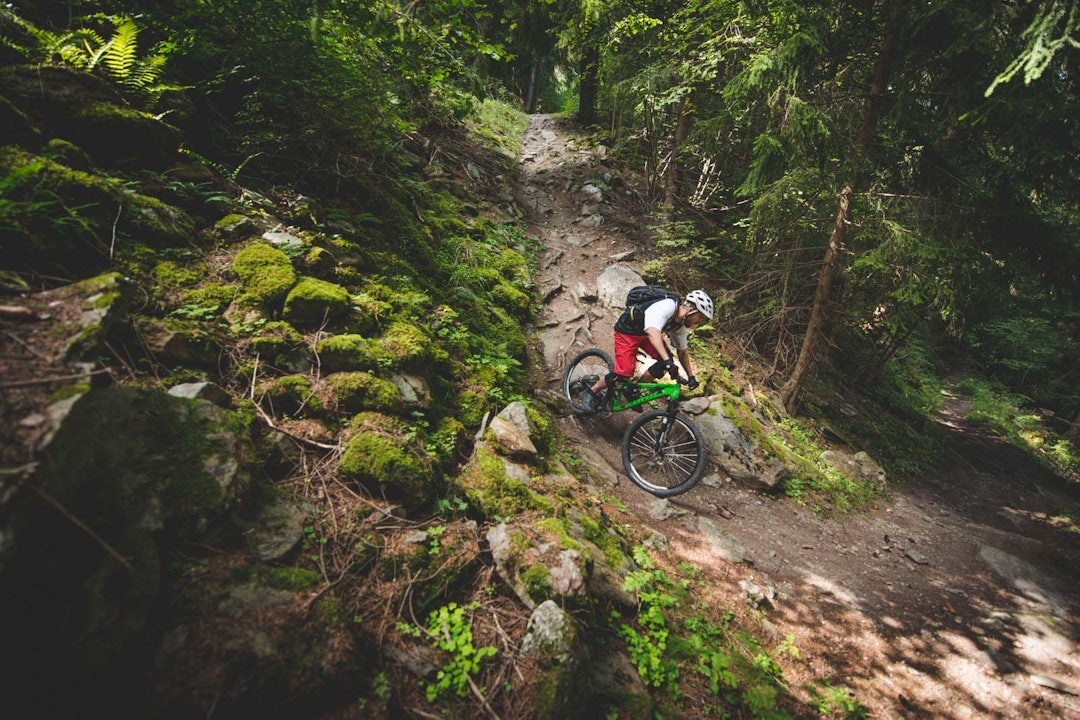 MØRKT, MEN IKKE DUNKELT: Petter Andreas Strøm plages ikke så mye av at utsikten forsvant idet han kom inn i brattskogen. Sveits-Wallis-Stisykling-5