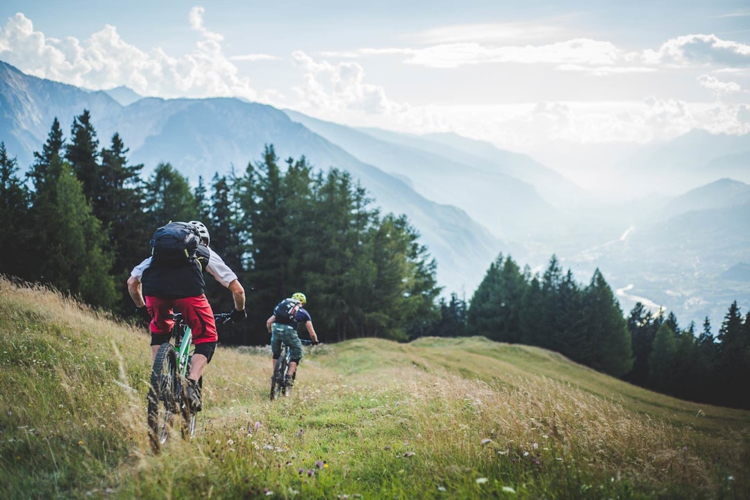 LANGT NED: Selv når to tredeler av utforkjøringene er gjort, og tregrensen er nådd, er det lutter glede i at det ennå er lenge igjen før nedturen er over. Sveits-Wallis-Stisykling-7
