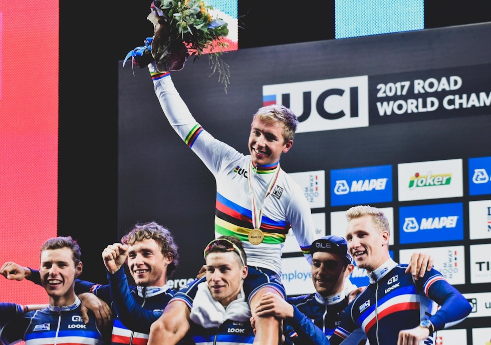 VANT I BERGEN: Benoit Cosnefroy ble U23-verdensmester under det skandaløse verdensmesterskapet i Bergen. Foto: Cor Vos. Benoit Cosnefroy