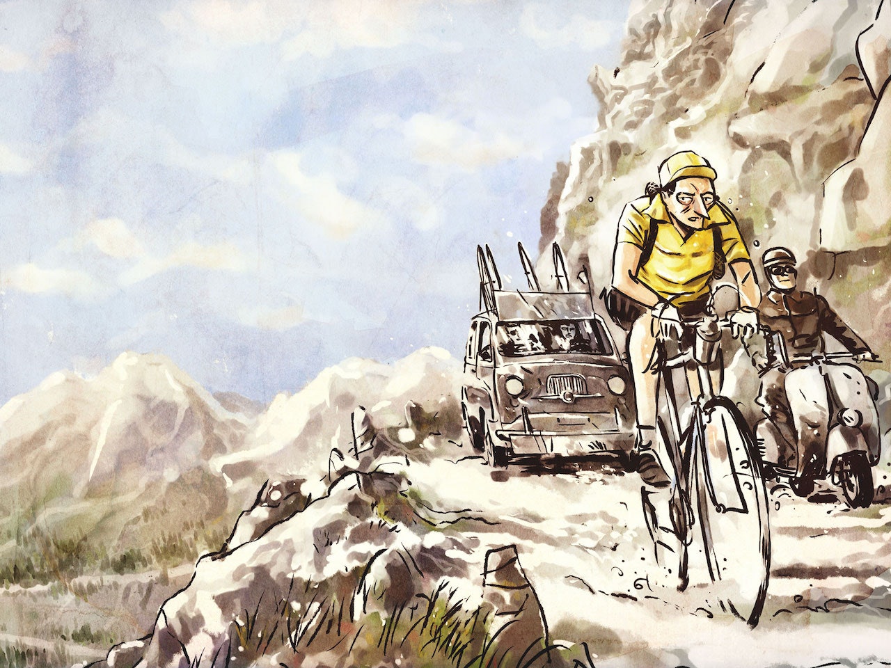 ITALIENER I GULT: Fausto Coppi ville aller helst vinne giroens rosa trøye, men gjør man når touren har høyere status? Illustrasjon: Davide Pascutti. ITALIENER I GULT: Fausto Coppi ville aller helst vinne giroens rosa trøye, men gjør man når touren har høyere status? Illustrasjon: Davide Pascutti.