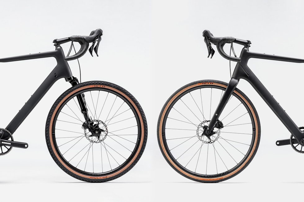 TVILLINGER: Vanlig Topstone og Topstone Lefty er ganske like i profil, tross forskjellig dekkstørrelse og Lefty-gaffel. Cannondale Topstone Carbon Lefty
