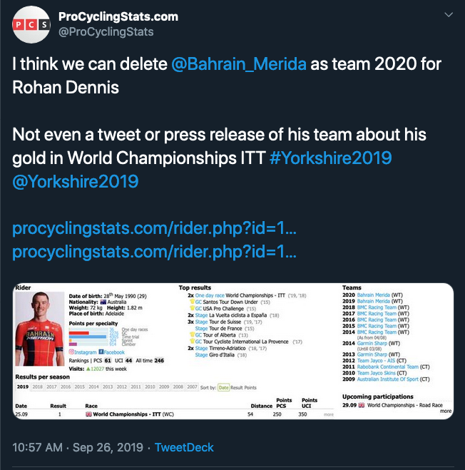 UTE AV LAGET? Dennis Rohan fremstår ikke akkurat som en del av Bahrain-Merida lenger, selv om bruddet ikke er bekreftet. Skjermdump, procyclingstats.com.