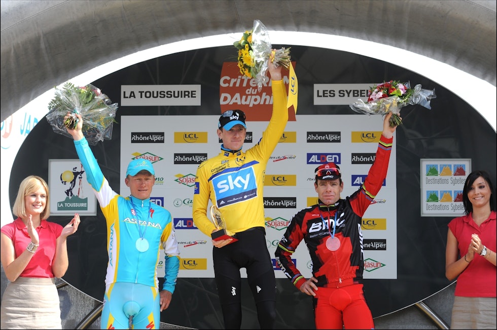 SEIERHERRE: Bradley Wiggins vant i 2011 Critérium du Dauphiné foran Cadel Evans og Alexander Vinokourov. Foto: Corvos Bradley Wiggins Criterium du Dauphine 2011