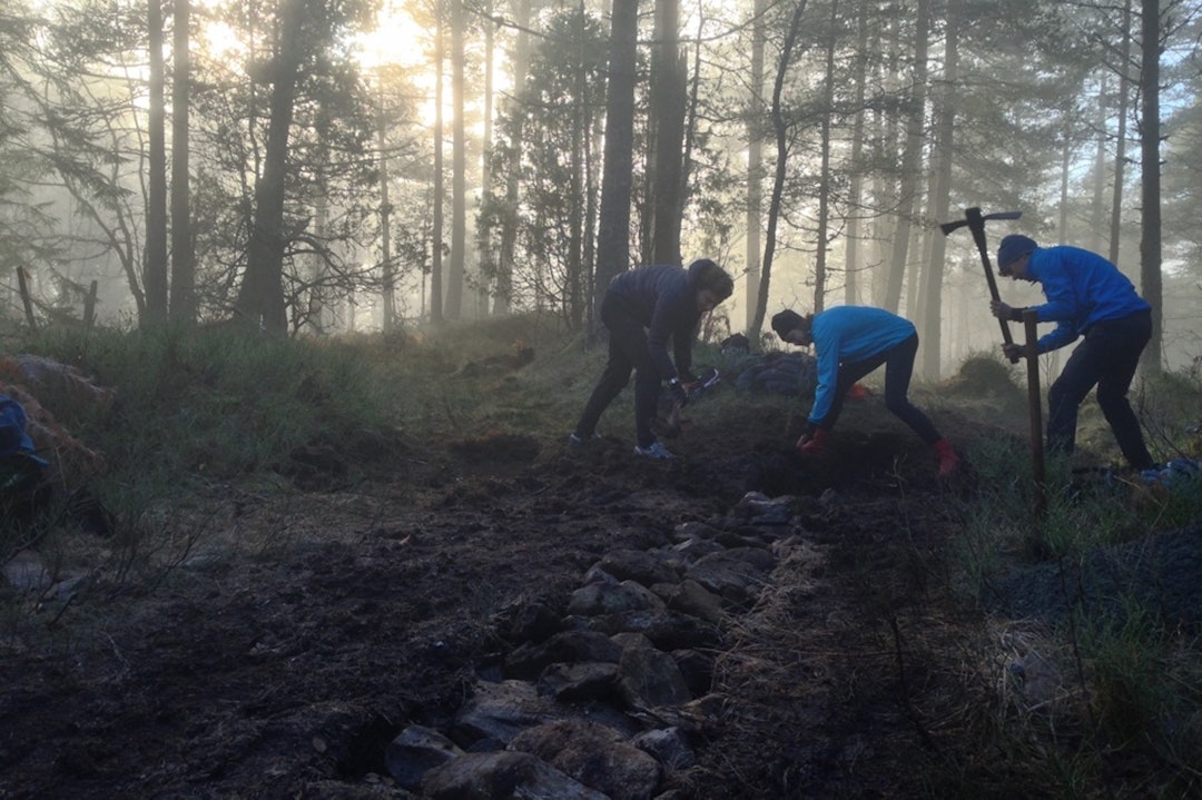 Det er andre året Nordfjord Folkehøgskule har stibygging som en del av terrengsykling valgfag, og elevene trives med å lære seg hva som ligger bak gode, bærekraftige sykkelstier. Foto: Tord Hafnor Nordfjord Folkehøgskule - am trail crew - Foto Tord Hafnor 1400x933