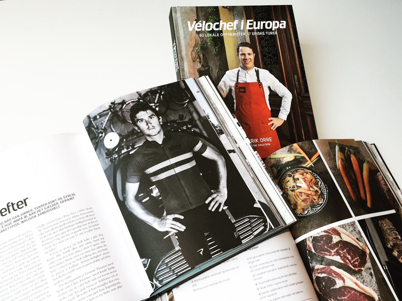 INNHOLDSRIK: I Vélochef i Europa får du møte blant annet Geraint Thomas, Col de Madone og fantastiske biffoppskrifter. INNHOLDSRIK: I Vélochef i Europa får du møte blant annet Geraint Thomas, Col de Madone og fantastiske biffoppskrifter.