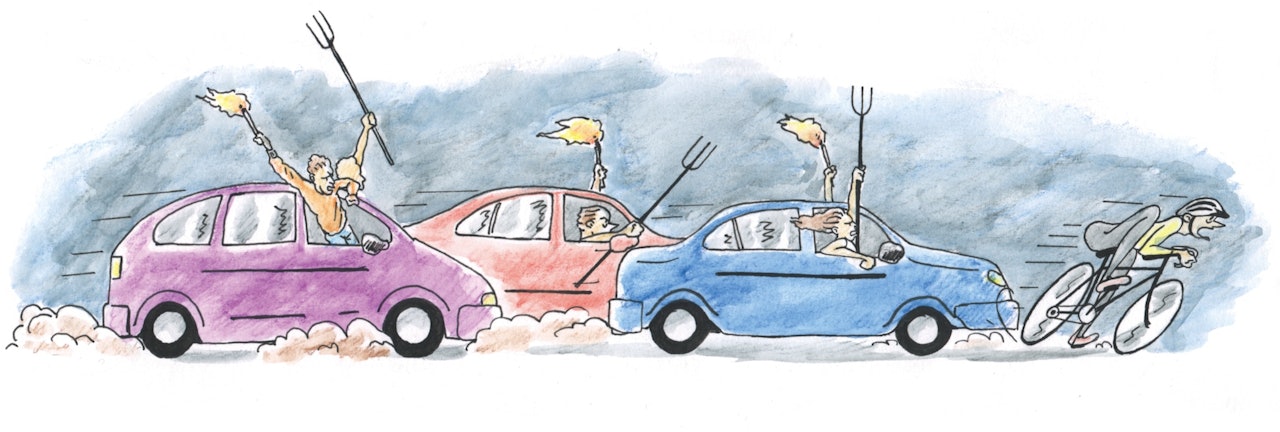 UHYGGELIG: Hvorfor er syklister en gruppe i vårt samfunn det finnes aksept for å skade? Illustrasjon: Didrik Magnus-Andersen. UHYGGELIG: Hvorfor er syklister en gruppe i vårt samfunn det finnes aksept for å skade? Illustrasjon: Didrik Magnus-Andersen.