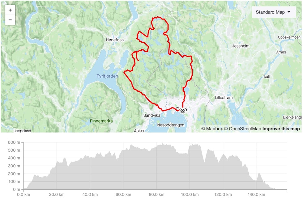 LANGTUR: Kart og høydeprofil til Børsen 8-timers. Børsen-8-timers-nordmarka