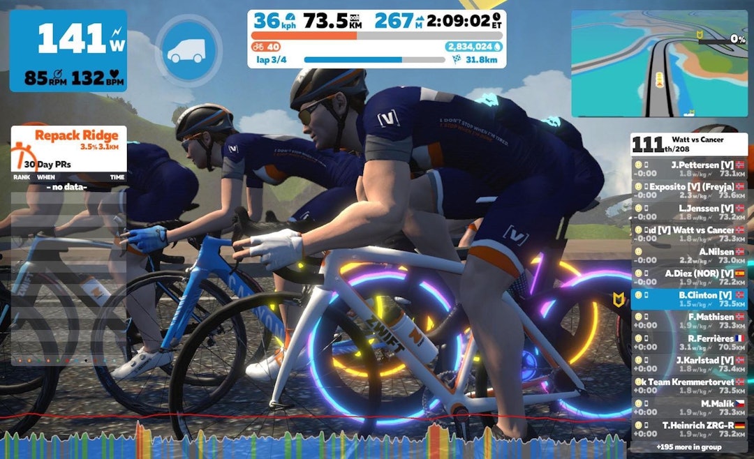 TURLEDER: Bill Clinton leder Zwift-fellesturene på søndager, denne helga dedikert til arrangementet Watt vs Cancer 2020 til inntekt for Kreftforeningen.