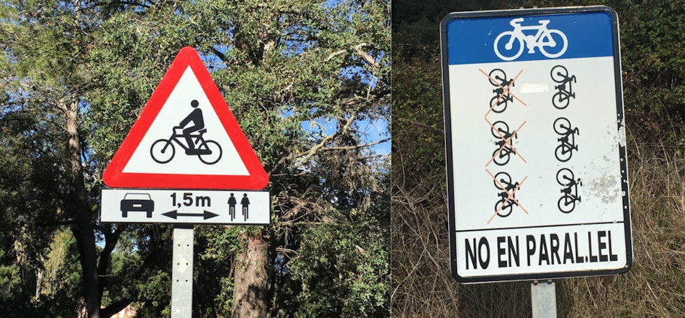 STRENGT: Mallorcas lovverk avviker fra det vi finner på fastlandsspania, og stiller strenge krav til både syklister og bilister. Foto: Privat. skilt mallorca