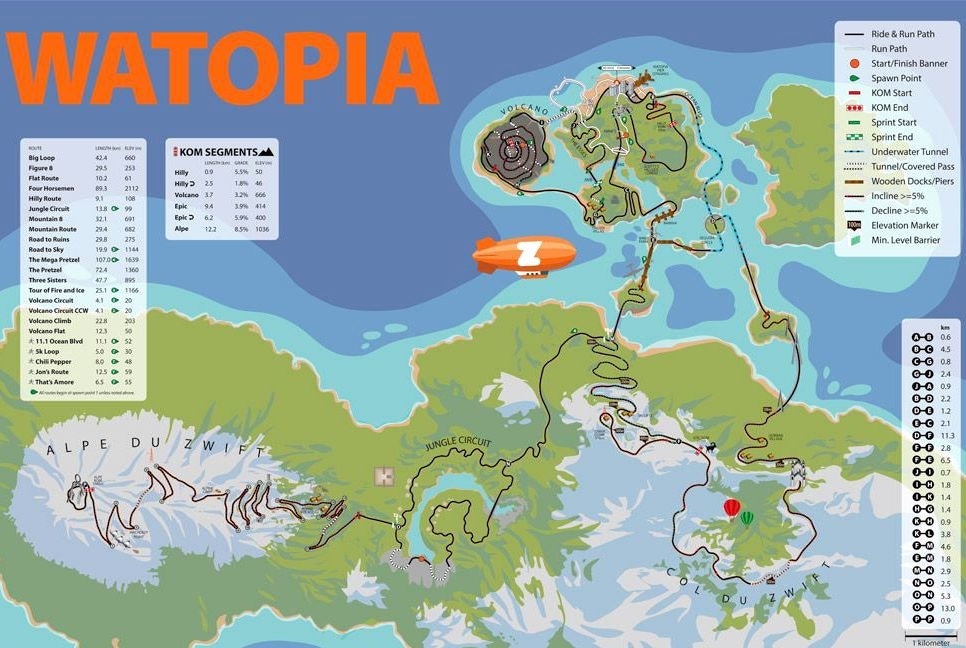 Kart over Zwifts univers Watopia