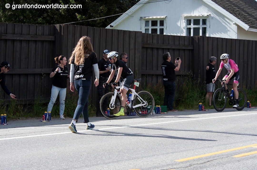 MATSTASJON: Ved arrangørens ekspresstopp gjelder det å raskt bytte flasker, fylle lommene med barer, kaste ekstra klær og søppel, pisse, så setter vi straks i gang igjen. Foto: Grand Fondo World Tour MATSTASJON: Ved arrangørens ekspresstopp gjelder det å raskt bytte flasker, fylle lommene med barer, kaste ekstra klær og søppel, pisse, så setter vi straks i gang igjen. Foto: Grand Fondo World Tour