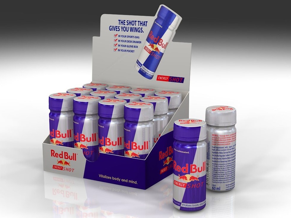 BOOST: Konsntrert Red Bull i shot-format. Lignende produkter lages av utallige produsenter, og er ikke uvanlig å bruke blant proffer og amatører. Foto: Red Bull. redbull_shot_main