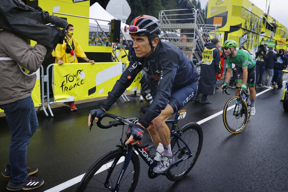GRUSOM DAG: Geraint Thomas var blant de første som ble hektet av på dagens etappe, og tapte 35 minutter. Foto: Cor Vos geraint thomas, tour de france