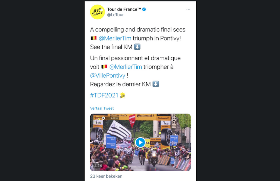SLETTET: Arrangøren skrøt etter målgang av en dramatisk finale, men den usmakelige tweeten ble raskt slettet. Skjermdump, ASO: Twitter Skjermbilde 2021-06-28 kl. 18.01.52