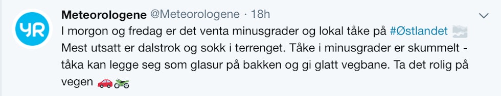 SKUMMELT: Metereologene på yr.no tvitret i formiddag om forhold på Østlandet som kan gi utfordrende forhold i NM-løypa på lørdag. NM Cyclocross 2019 - værmelding