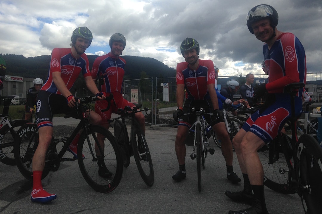 SK RYE MASTERS er ute etter sammenlagtseier i M40-44. Fra venstre: Henrik Bering, Espen Fossheim, Claes Watndal og Eirik Olsen. Foto: Ingeborg Scheve SR Rye masters 1400x933