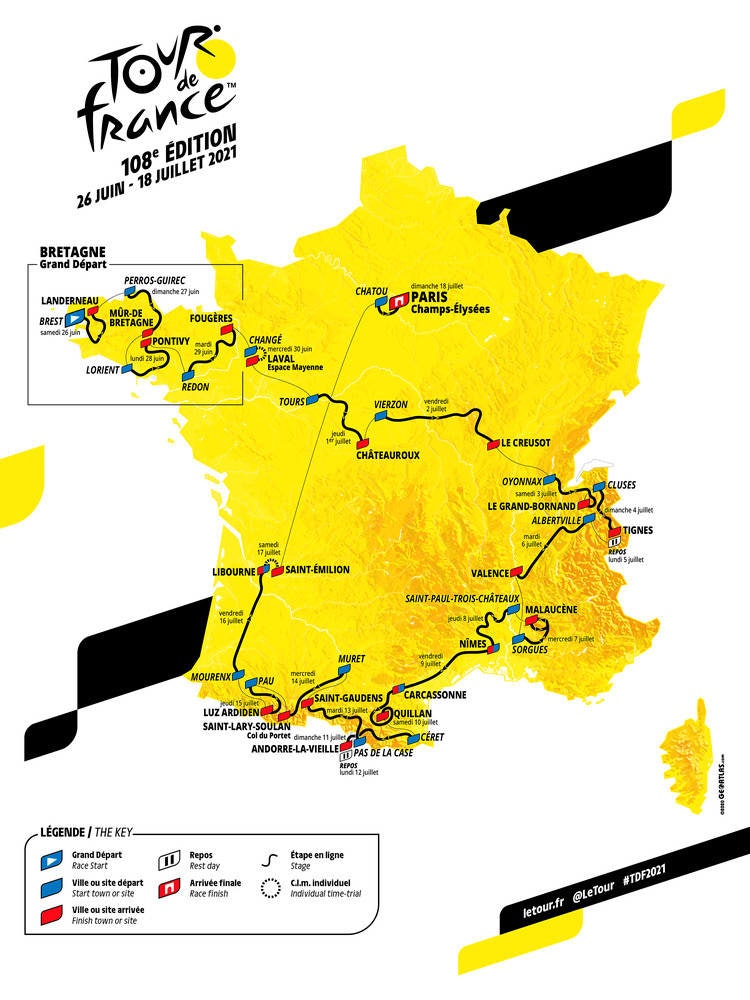 ÅRETS TOUR DE FRANCE: Slik kan en Tour de France-løype se ut. Rittene prøver å dekke store deler av Frankrike. Man har noen faste steder man ofte vender tilbake til, men prøver å ha stor variasjon i løypene fra år til år. tour de france 2021 kart etapper