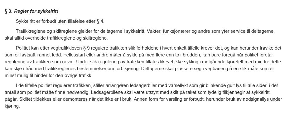 §3 FORSKRIFT for sykkelritt. §3 Regler for sykkelritt