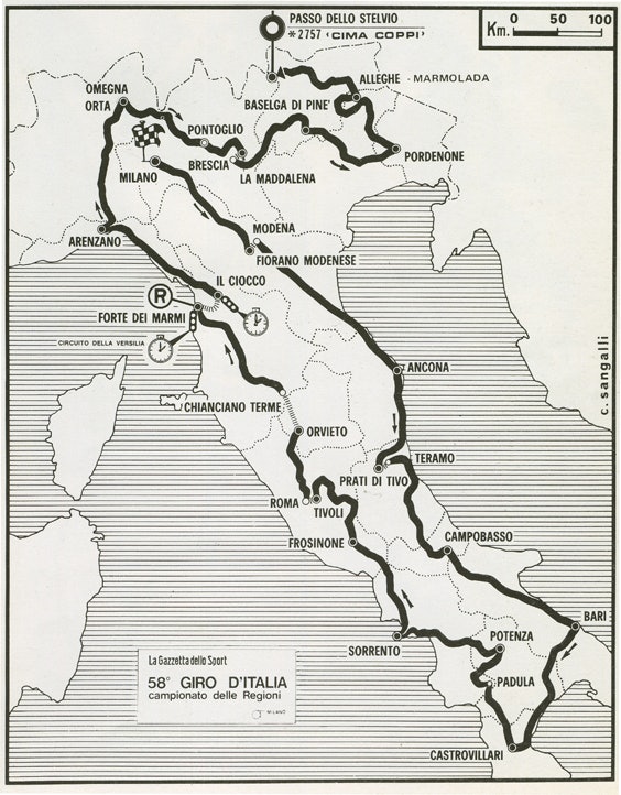 ORIENTERING: Dette er kartet til Giro d'Italia 1975. Foto: RCS Sport.