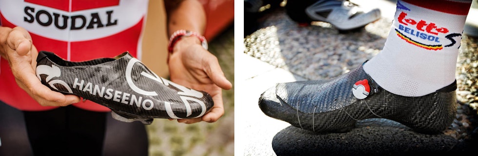 KARBONSKO: Fordi an syntes vanlige sykkelsko var tunge og upraktiske, begynte han å lage sine egne sko i karbon. Hjemme i Tsjekkia har han rundt 120 ulike modeller av skoene. Foto: Marcus Liebold/ Cor Vos.