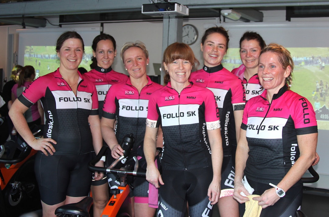 FOLLO SK er per dags dato største lag i fellesstarten Ladies Edition og halvparten av dem stilte på første fellessamling: (fra venstre) Line Schultz Feldt, Jannicke Strand Aaen, Nina Tovås, Kjersti Strand, Isabel Karlsen, Silje Eikrem og Hilde Olsrud. Foto: Ingeborg Scheve Follo SK best 1400x924