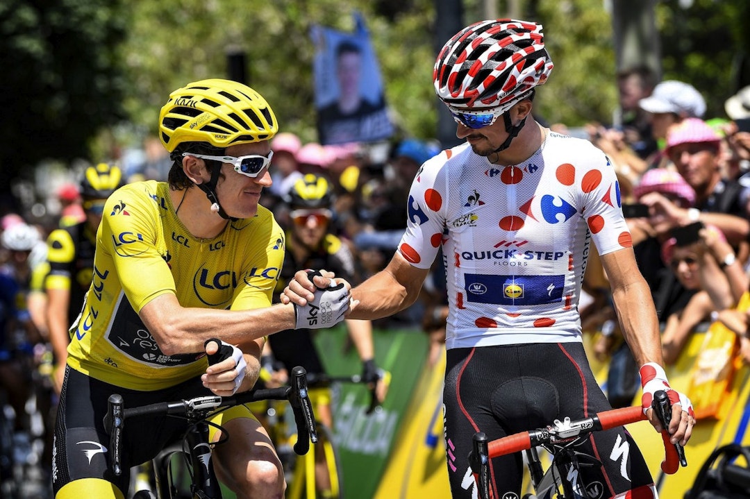 BEHOLDER TRØYENE: Geraint Thomas fortsetter i den gule trøya, og Julian Alaphilippe beholder klatretrøya. Foto: Cor Vos Geraint Thomas - Julian Alaphilippe - Stage 15 - Cor Vos 1400x933