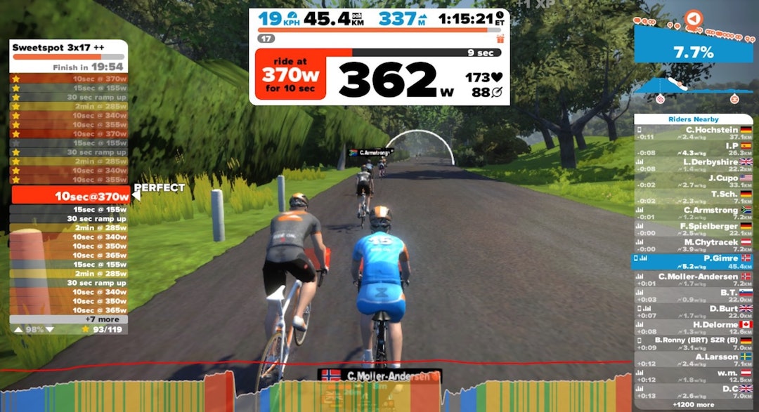 UNDERVEIS: Zwift gjør treningsøktene enkle å gjennomføre, og interessante underveis, mener Per Arvid Gimre. Foto: Per Arvid Gimre Per Arvid Gimre - rulle - privat 1400x763