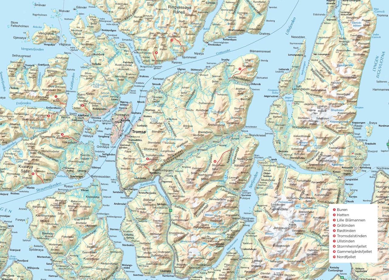 Oversiktskart over Tromsø. Fra Trygge toppturer.
