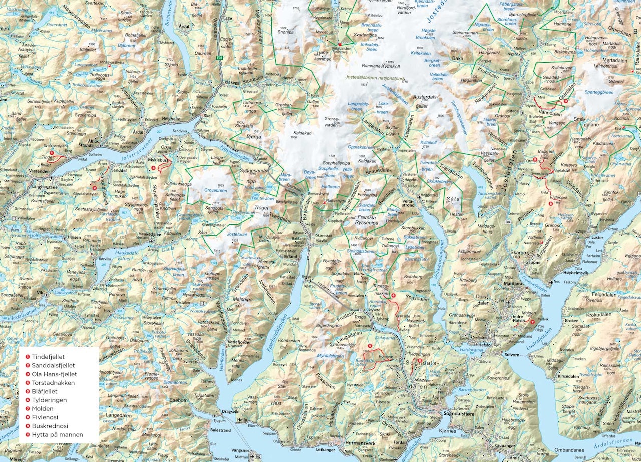 Oversiktskart over Sogn og Jølster. Fra Trygge toppturer