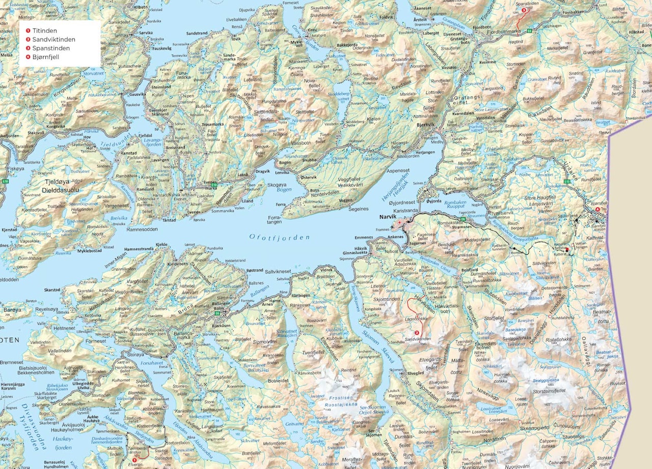 Oversiktskart over Narvik. Fra Trygge toppturer