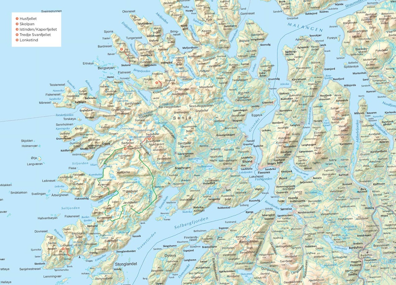 Oversiktskart over Senja. Fra Trygge toppturer. Oversiktskart over Senja. Fra Trygge toppturer.