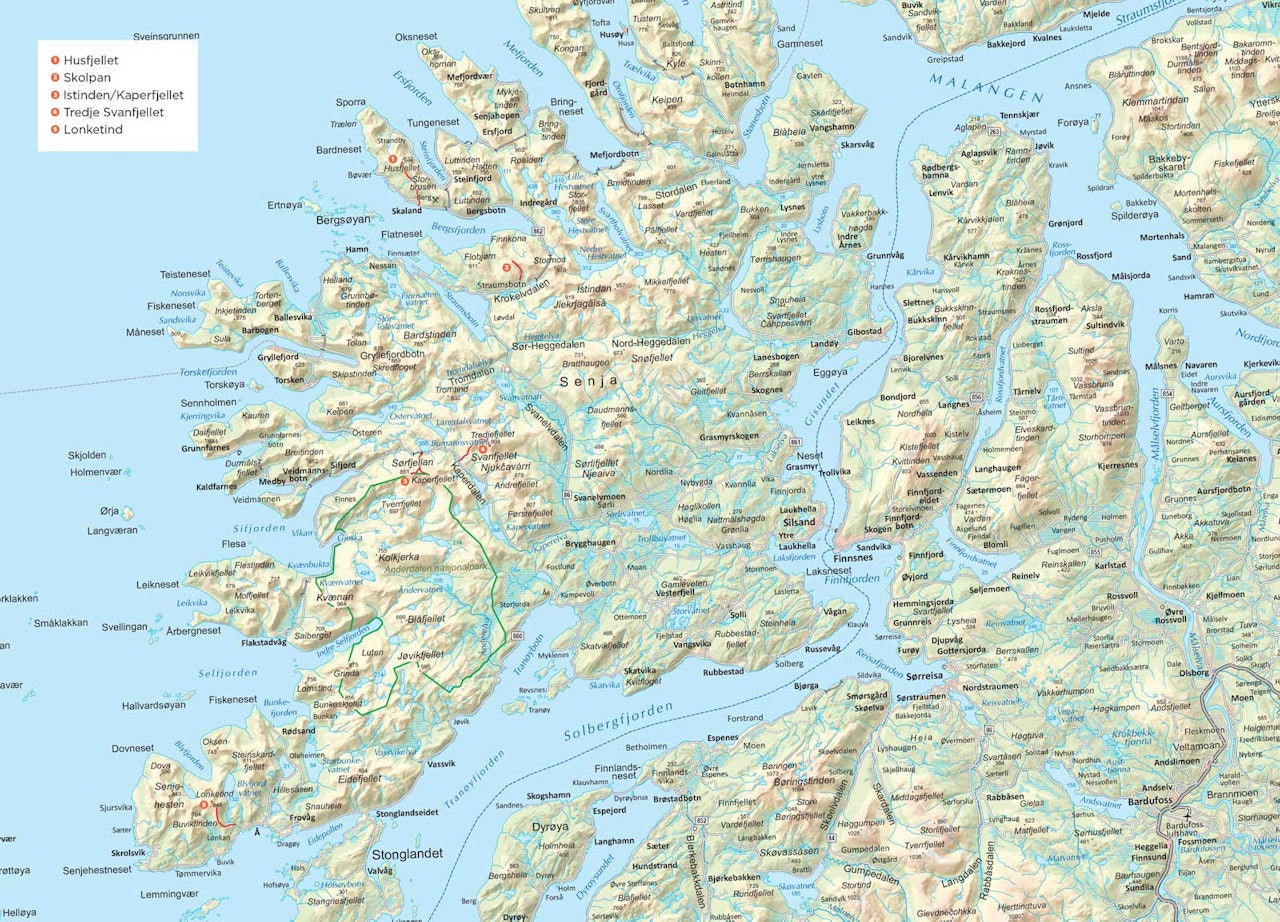 Oversiktskart over Senja. Fra Trygge toppturer.