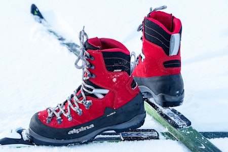 FJELLSKISKO FOR DAME: Snøringen går høyt opp på det lange skaftet til fjellskiskoene Alpina BC Alaska, så du får god støtte. Alpina BC Alaska fjellskisko for dame montert på fjellski med Rottefella BC-binding