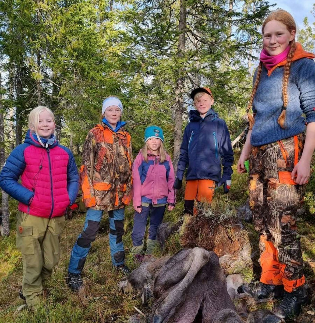 Ungene på jaktlaget samles rundt høstens første elgfall. Fra venstre Alma Bråstad Lien, Kristina Solberg, Andrea Solberg, Emil Bråstad Lien og Helene Hovde. (Alle foto: Hans-Roger) barn foran elgfall på elgjakt jakttradisjoner