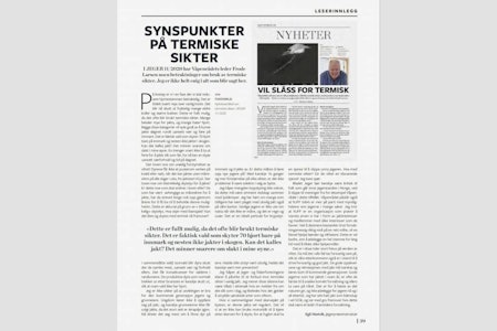Faksimile: Torstein Skarset reagerer på det han mener er usanne påstander om bruk av termiske sikter fra lederen i Averøy JFF i et leserinnlegg i JEGER 01-2021. Faksimilie av leserinnlegg i JEGER nummer 1 / 2021