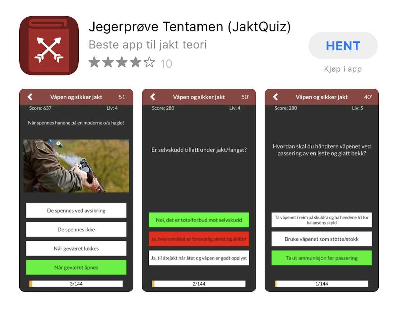 Her er øvelsene fram til jegerprøveeksamen bygd opp som et spill der du mister liv hver gang du svarer feil. Hvor lenge overlever du? Foto: Skjermdump fra AppStore Skjermdump av butikksiden til appen Jegerprøvetentamen i AppStore. Foto: Skjermdump fra AppStore