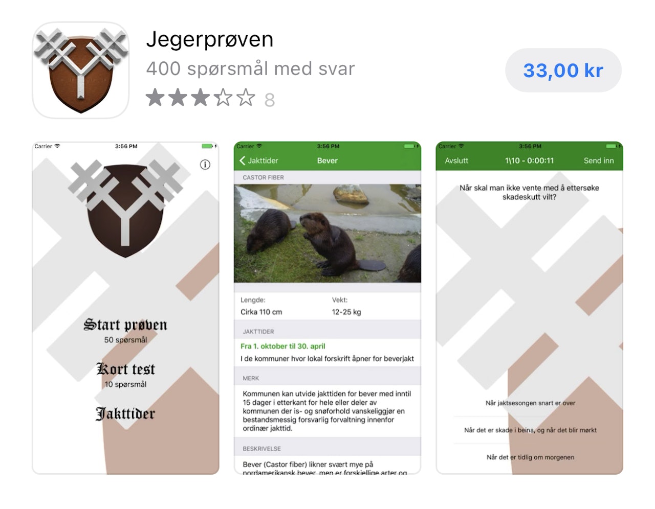 Brukergrensesnittet kommer litt i veien for opplevelsen i denne appen. Foto: Skjermdump fra AppStore. Skjermdump av kjøptssiden til appen Jegerprøven i AppStore.
