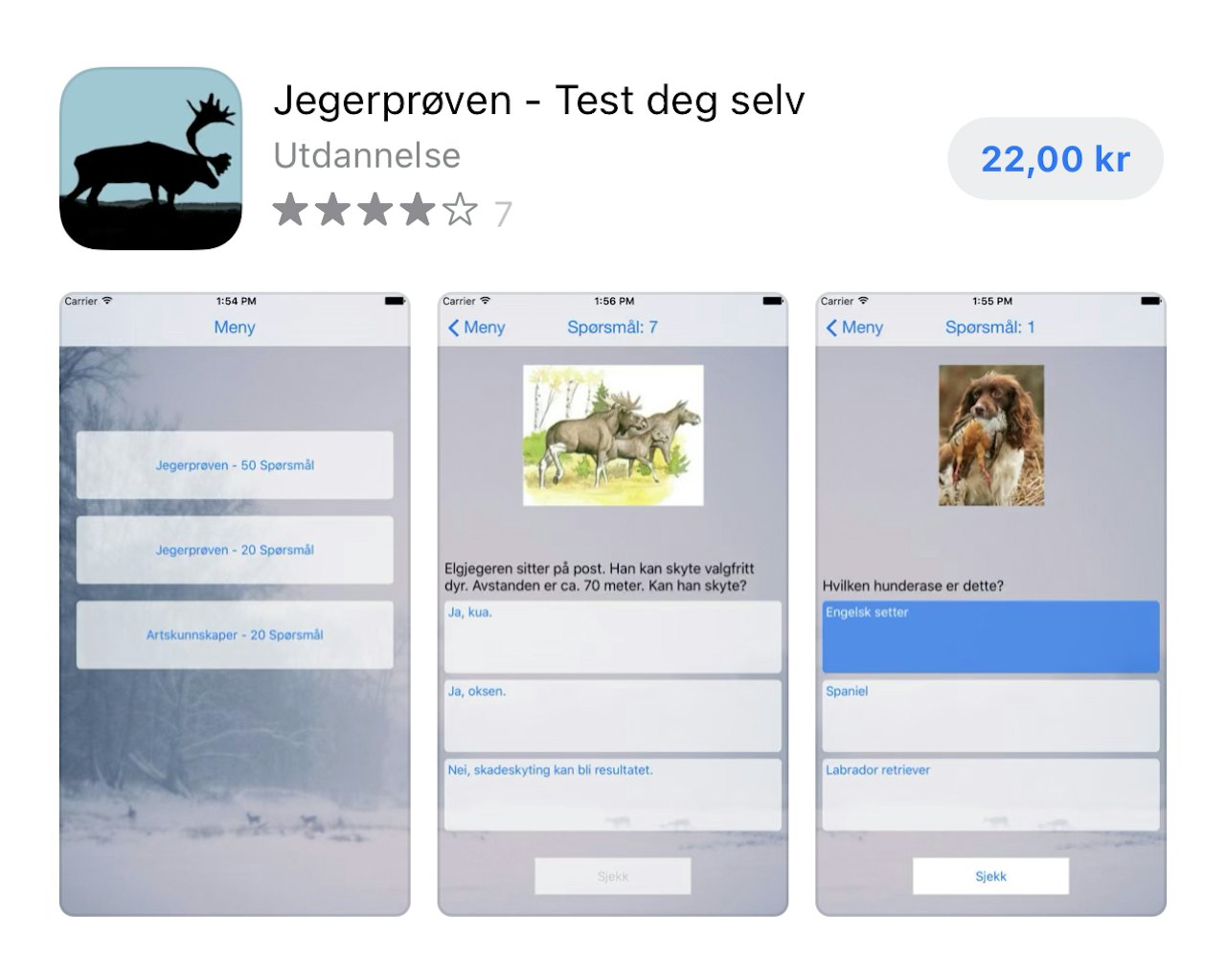 Denne appen lar deg velge mellom en full eksamensoppgave med 50 spørsmål eller en kortere oppgave med 20 spørsmål. Foto: Skjermdump fra AppStore Skjermdump av butikksiden til appen Jegerprøven - Test deg selv i AppStore. Foto: Skjermdump fra AppStore