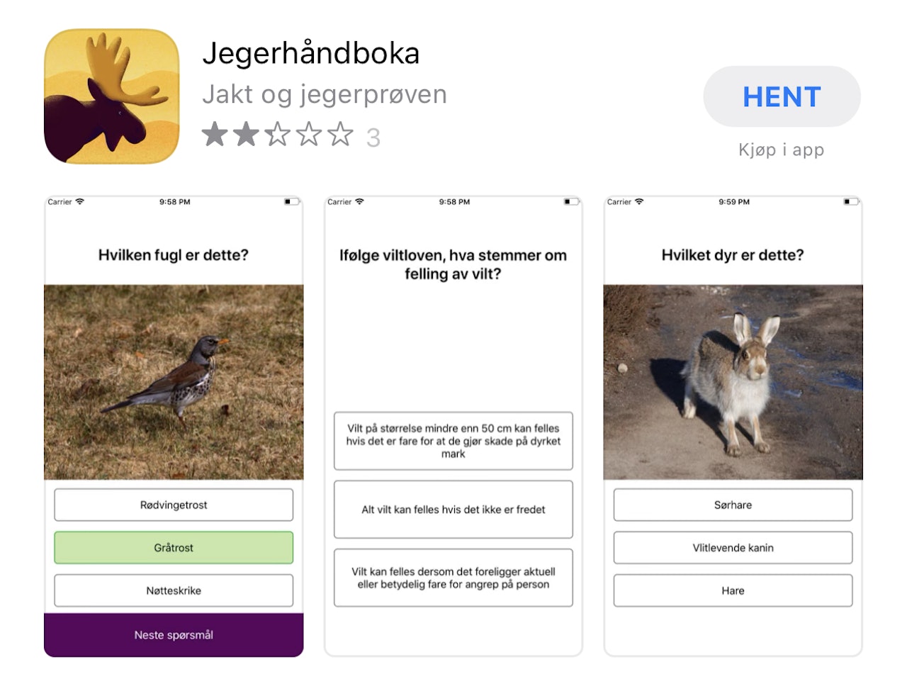 JEGERHÅNDBOKA: Du kan velge å kjøre denne appen i gratismodus fram til jegerprøveeksamen, om du orker å trykke bort påminnelser hele tiden. Foto: Skjermdump fra AppStore Skjermdump fra butikksiden til appen Jegerhåndboka. Foto: Skjermdump fra AppStore