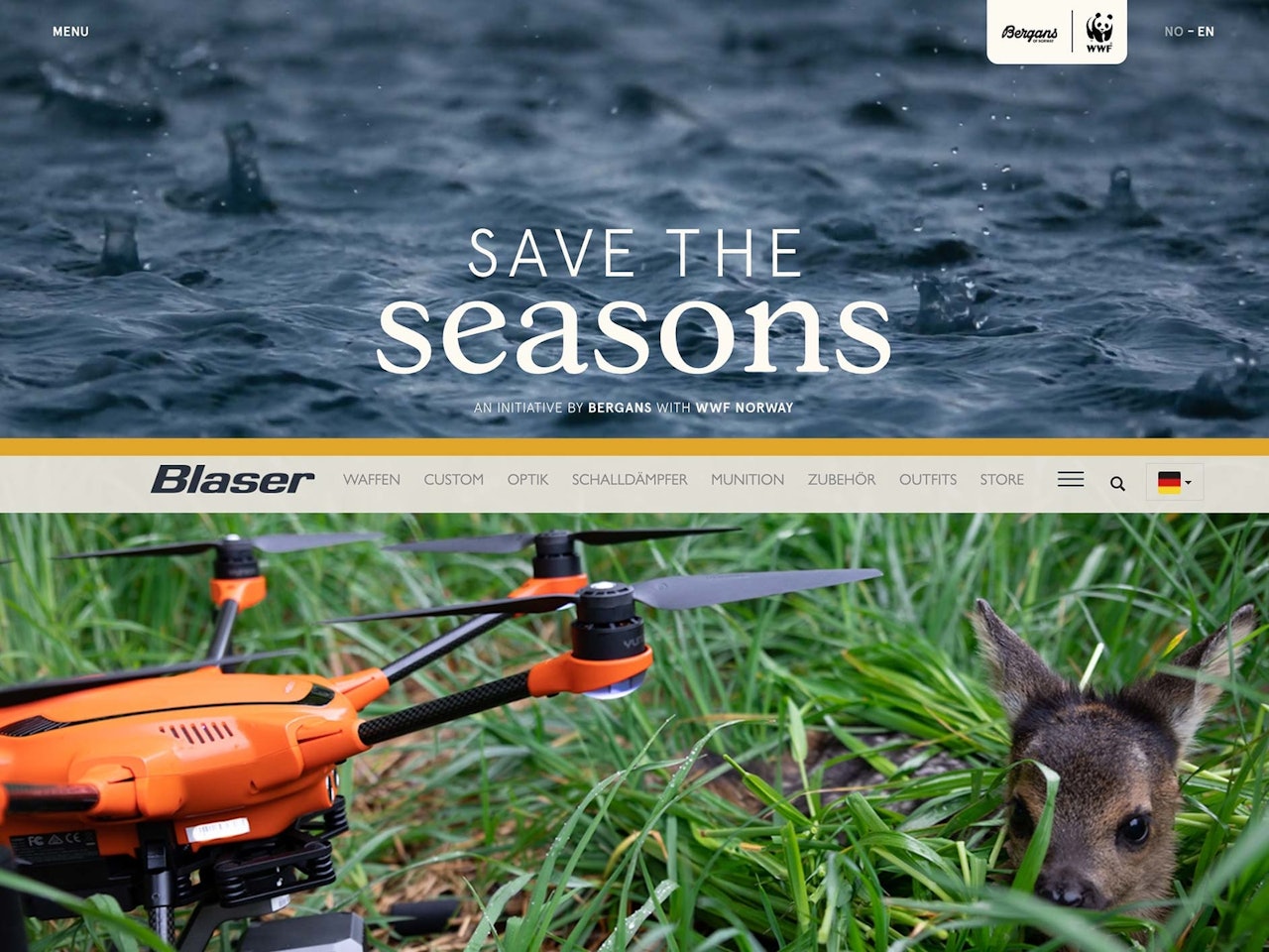 Tyske Blaser kjøper klimakvoter og jobber for å redde rådyrkje fra førsteslåtten. Her hjemme i Norge jobber Bergans for at årstidene skal havne på UNESCOs verdensarvliste. Fotomontasje: Alexander Schindler Blaser, Bergans, Save the seasons, rådyrkje