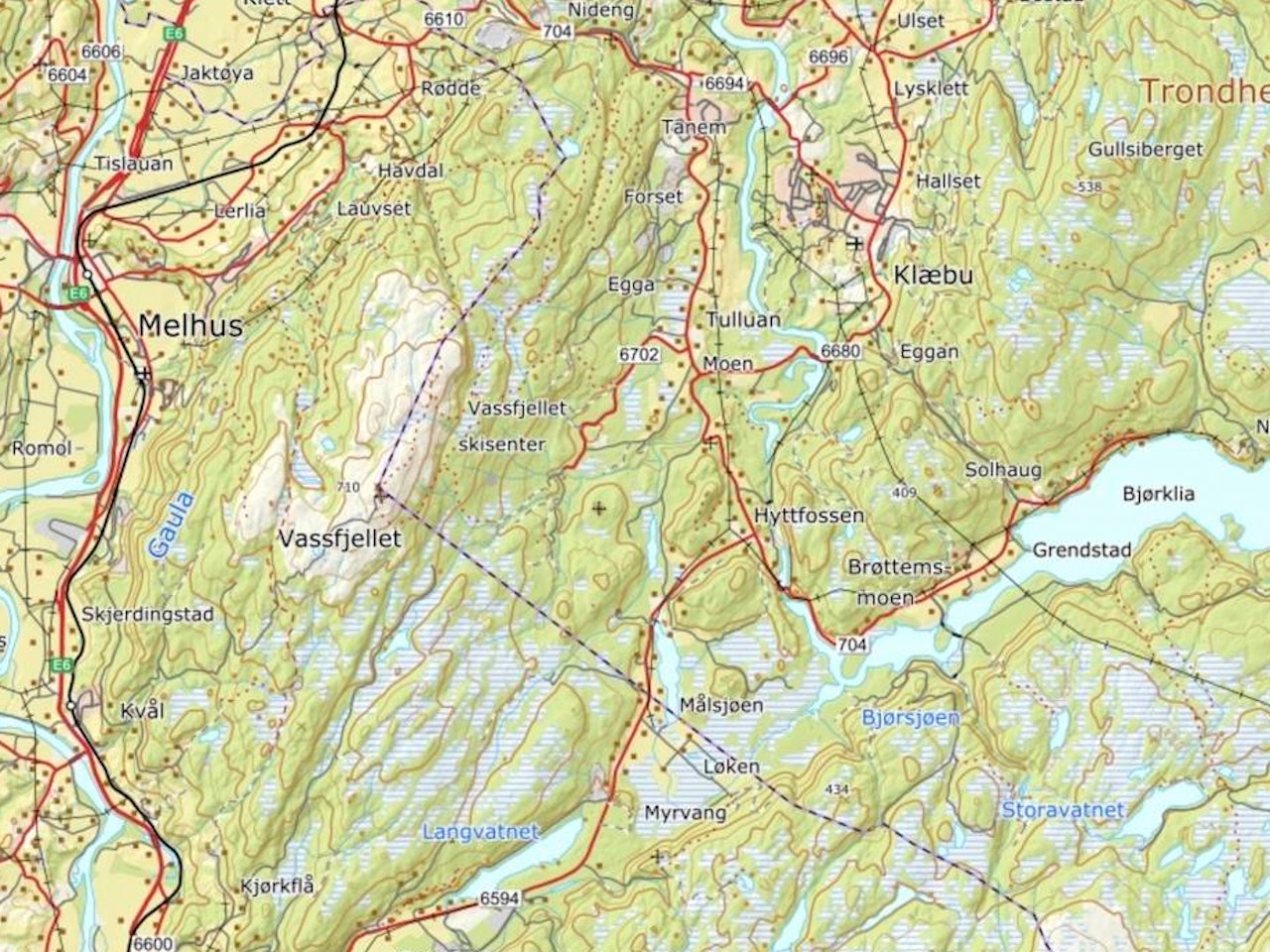 Bildet viser et kartutsnitt over Vassfjellet i Trøndelag.