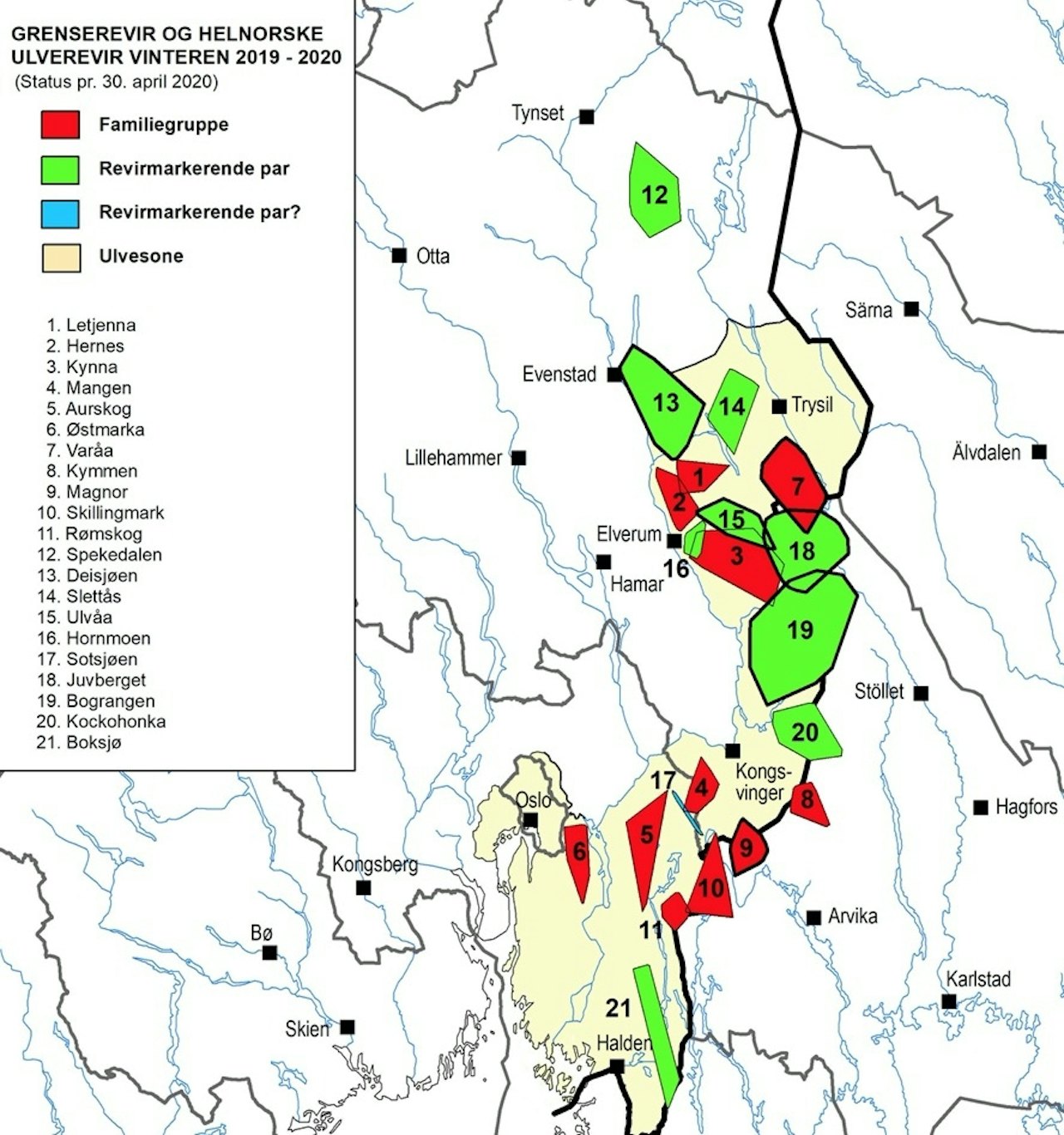 Ulvejakta innenfor ulvesonen starter 1. januar, og varer til 15. februar, jakta utenfor ulvesonen starter 1. desember og varer til 31. mai. Her er oversikt over ulveflokker i Norge. Illustrasjon: Rovdata ulveflokker i Norge