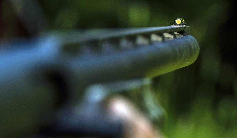 Eksemplarisk: Det fiberoptiske kornet er meget godt synlig, spesielt mot mørk bakgrunn. Nærbilde av det fiberoptiske kornet på siktet til halvautomat hagla Franchi Affinity 3 Elite cobalt