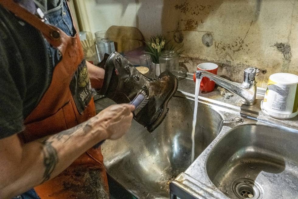 Grunnvask: Isac renser sålen med en vanlig oppvaskbørste, før han vasker skinnet rent for møkk med et frottéhåndkle og lunkent vann.