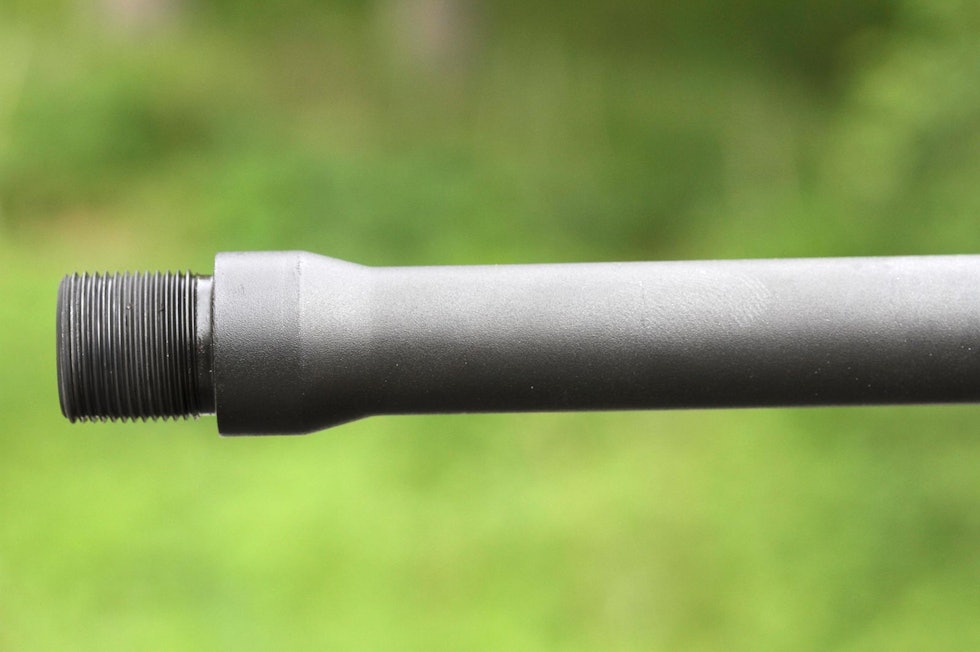 Kreativt løp: Kuiu ser unektelig litt spesiell ut med løpet som utvider seg framover mot munningen. Nærbilde av løpet på Remington Seven Kuiu