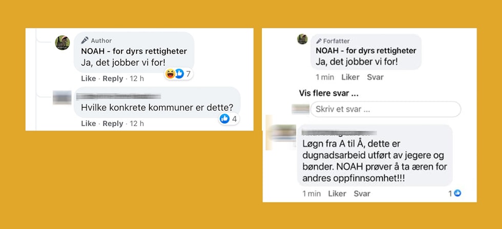 Til høyre vises skjermpdump av en kommentar en privatperson har skrevet på Facebookposten til NOAH. Til venstre vises en skjermdump av posten på NOAHs egen side på det sosiale mediet, der kommentaren ikke lenger er å finne. NOAH, dyrs rettigheter, sletting av kommentarer sosiale medier
