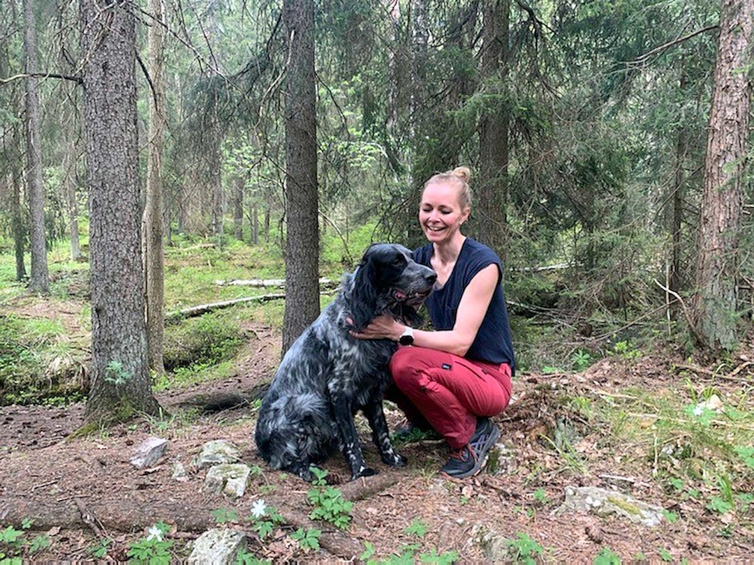 Lite smittefare: Overlege Sara Watle ved FHI, her sammen med setteren Swix, sier at jakthunder ikke utgjør noen smittefare. Koronaråd-for-høstjakt-3